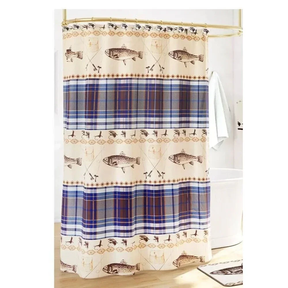 Fly Fishing Shower Curtain Rod Reel Lures Fish Design Lodge Blue Plaid Tan NEW